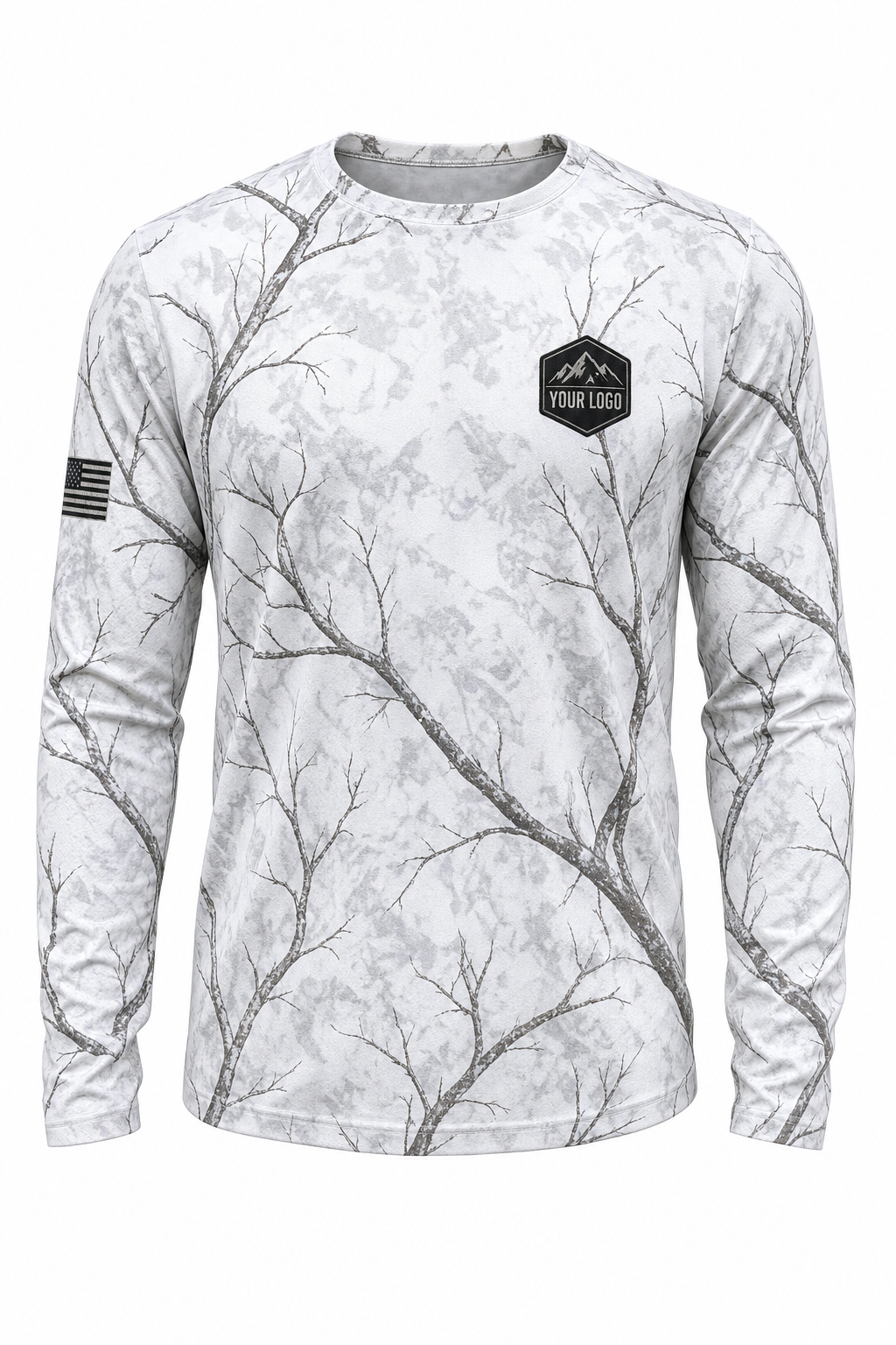 Mountain Ridge Guide Crew Shirt in snow camo, front view - custom company logo hunting crew uniform long sleeve