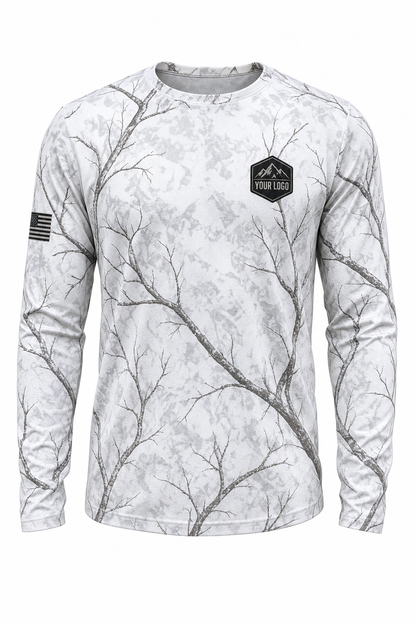 Mountain Ridge Guide Crew Shirt in snow camo, front view - custom company logo hunting crew uniform long sleeve
