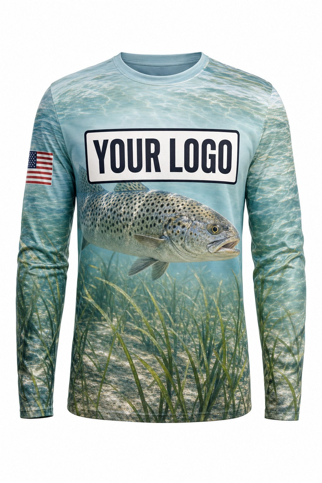 Speckled Trout Custom Fishing Team Uniform - front view, custom company logo all-over-print uniform