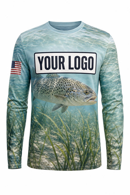 Speckled Trout Custom Fishing Team Uniform - front view, custom company logo all-over-print uniform