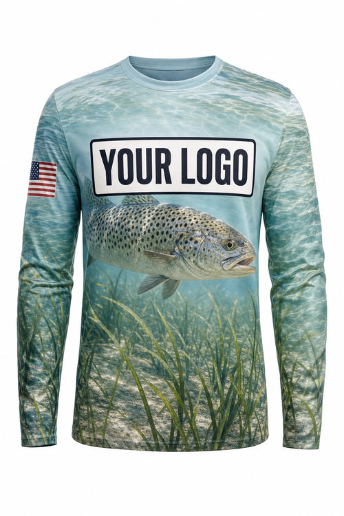 Speckled Trout Custom Fishing Team Uniform - front view, custom company logo all-over-print uniform