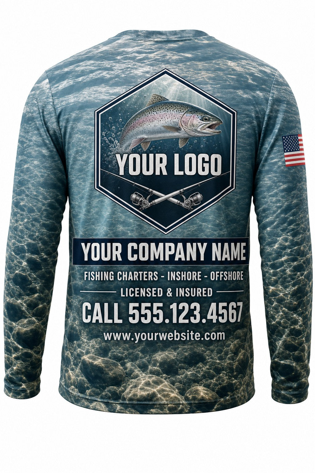 Steelhead Custom Fishing Team Uniform - back view, custom company logo all-over-print uniform