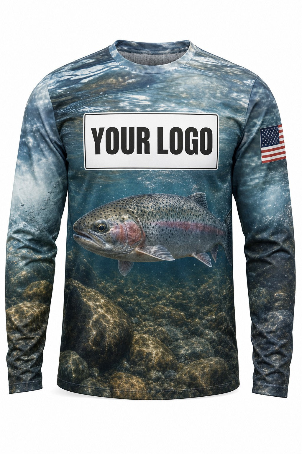 Steelhead Custom Fishing Team Uniform - front view, custom company logo all-over-print uniform