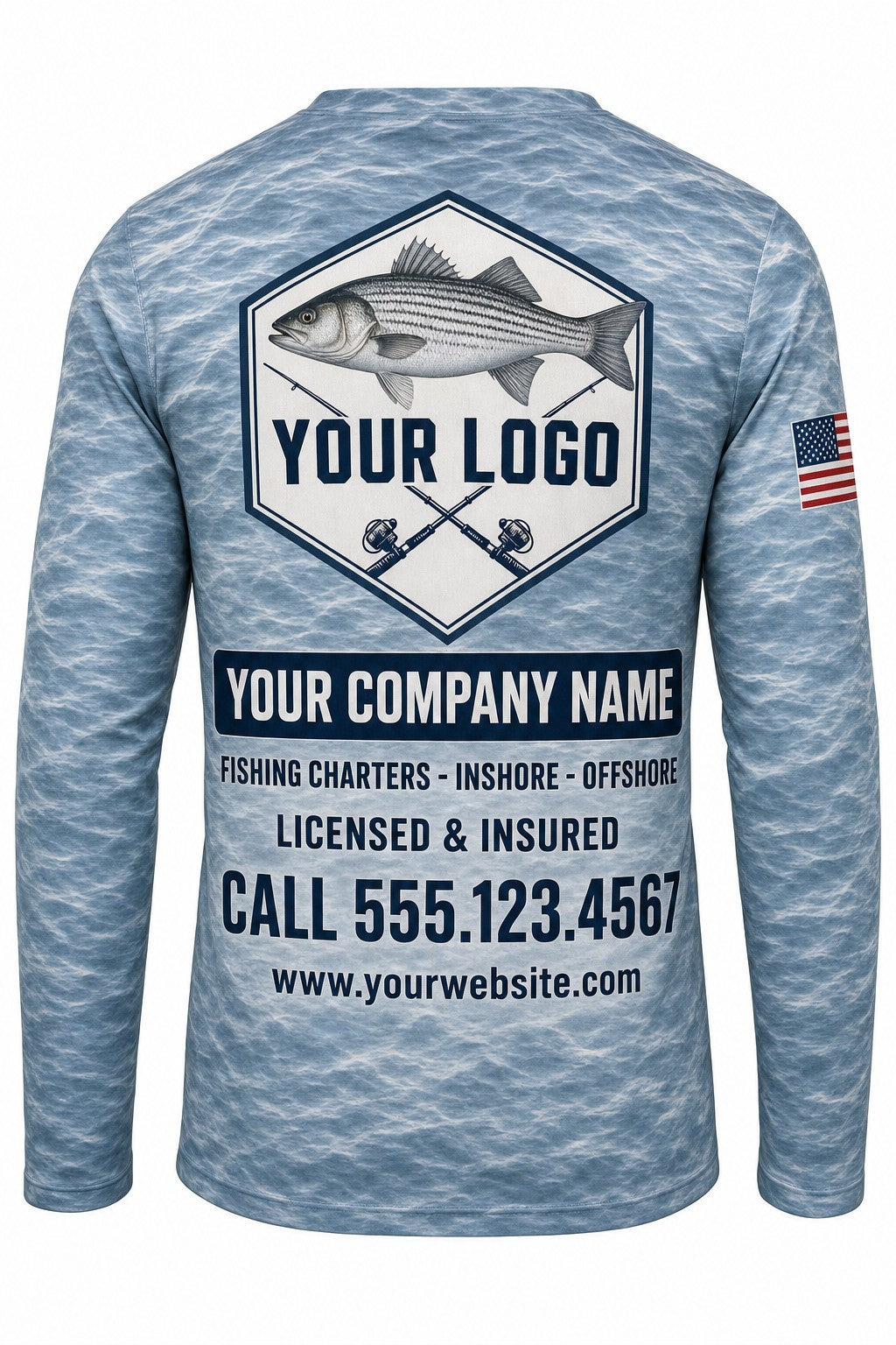 Striped Bass Custom Fishing Team Uniform - back view, custom company logo all-over-print uniform