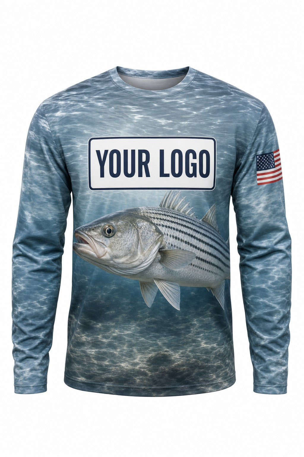 Striped Bass Custom Fishing Team Uniform - front view, custom company logo all-over-print uniform