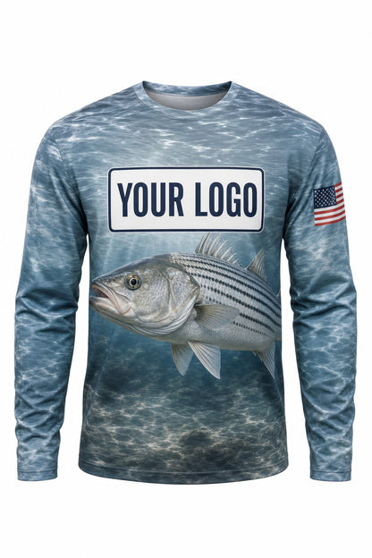 Striped Bass Custom Fishing Team Uniform - front view, custom company logo all-over-print uniform