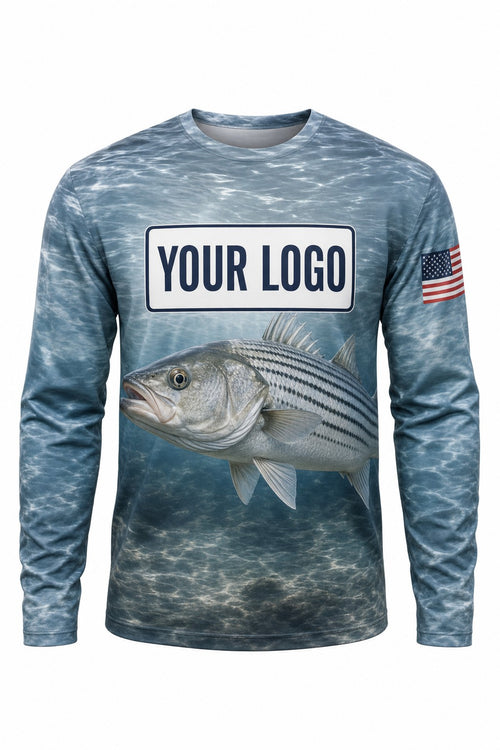 Striped Bass Custom Fishing Team Uniform - front view, custom company logo all-over-print uniform