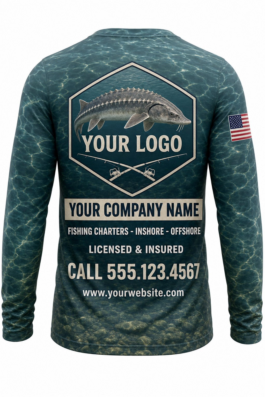 Sturgeon Custom Fishing Team Uniform - back view, custom company logo all-over-print uniform