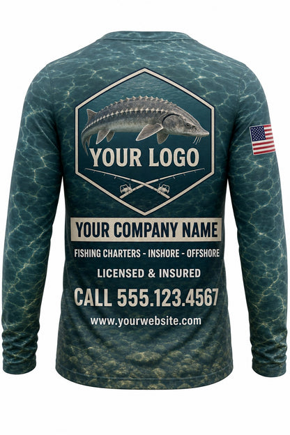 Sturgeon Custom Fishing Team Uniform - back view, custom company logo all-over-print uniform