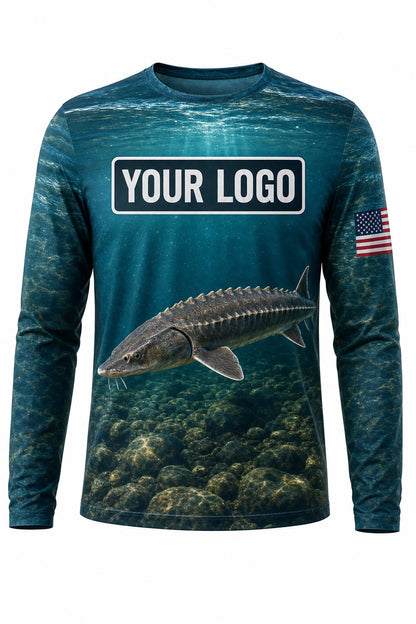 Sturgeon Custom Fishing Team Uniform - front view, custom company logo all-over-print uniform