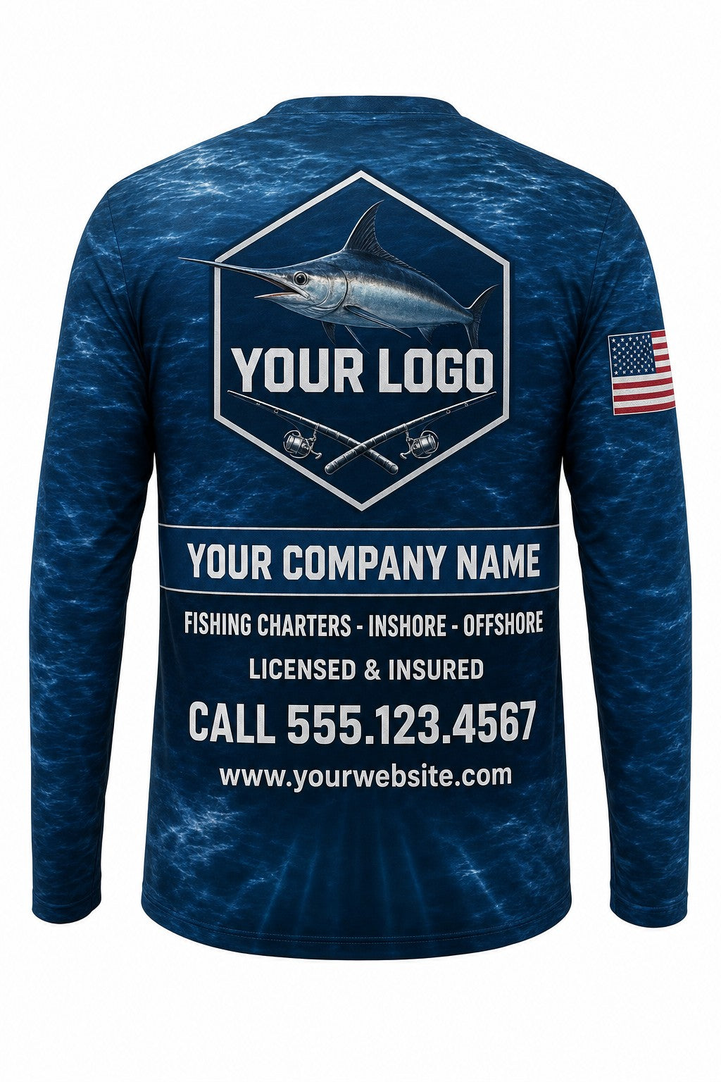 Swordfish Custom Fishing Team Uniform - back view, custom company logo all-over-print uniform