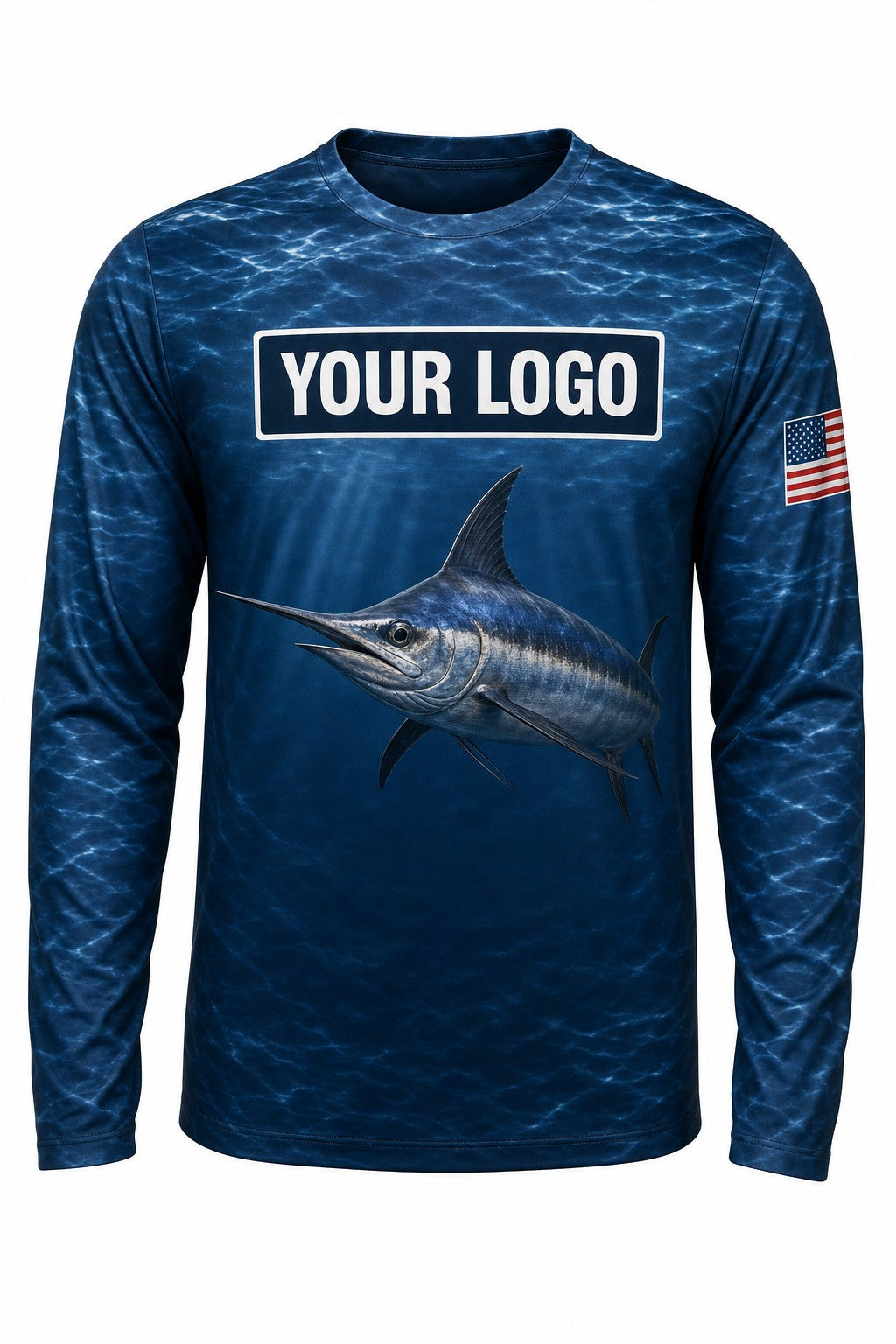 Swordfish Custom Fishing Team Uniform - front view, custom company logo all-over-print uniform