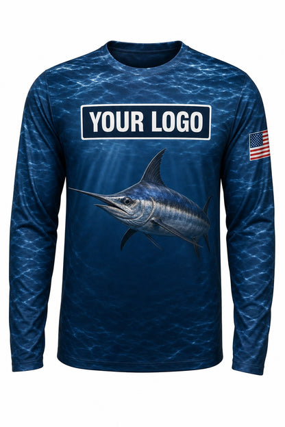 Swordfish Custom Fishing Team Uniform - front view, custom company logo all-over-print uniform