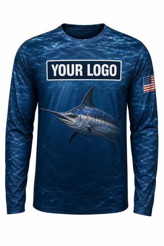 Swordfish Custom Fishing Team Uniform - front view, custom company logo all-over-print uniform