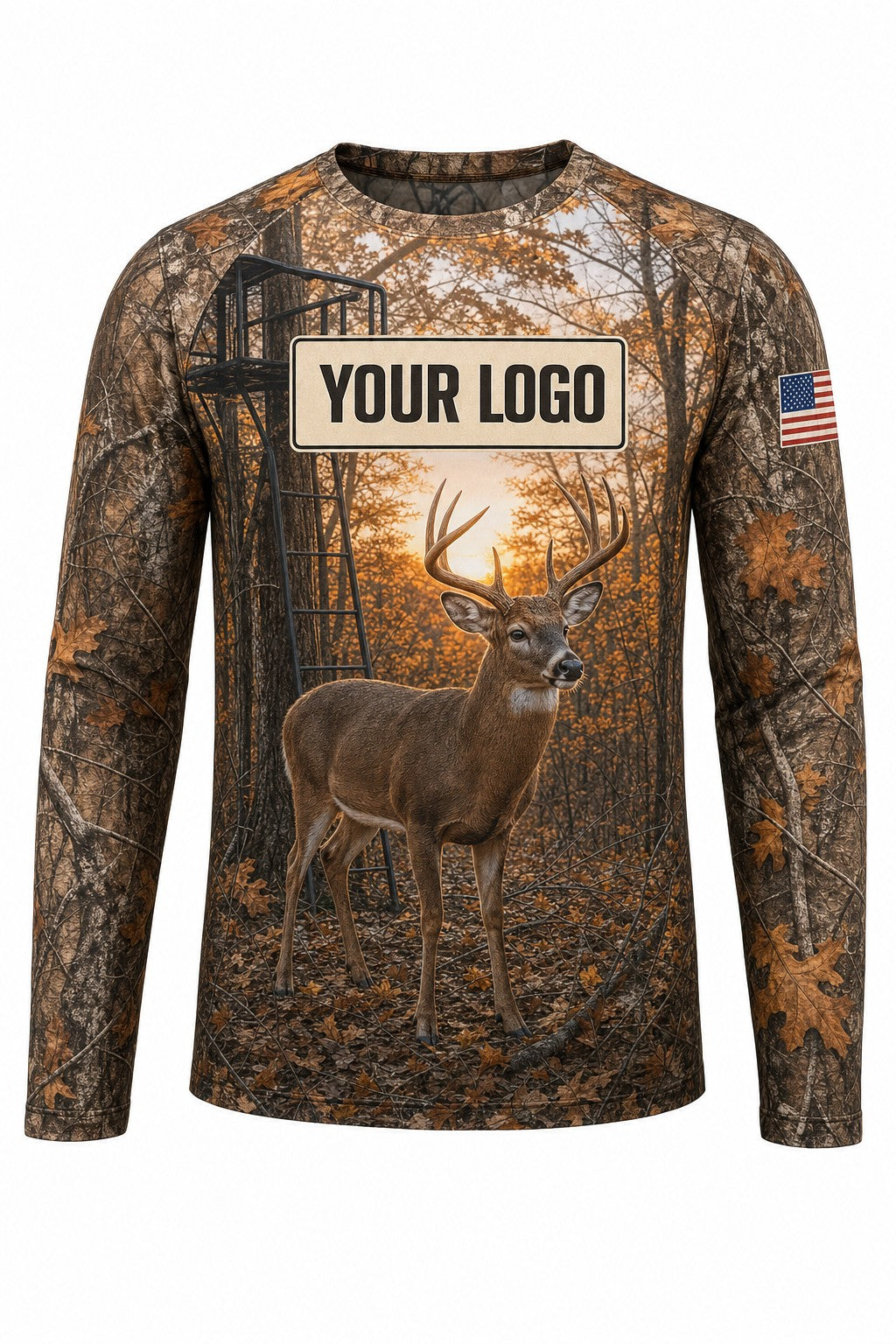 Treestand Sunrise Buck Custom Hunting Team Uniform - front view, custom company logo all-over-print uniform