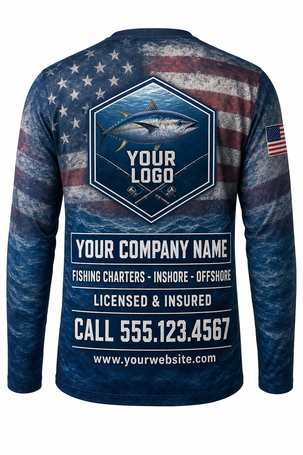 Tuna Flag Custom Fishing Team Uniform - back view, custom company logo all-over-print uniform