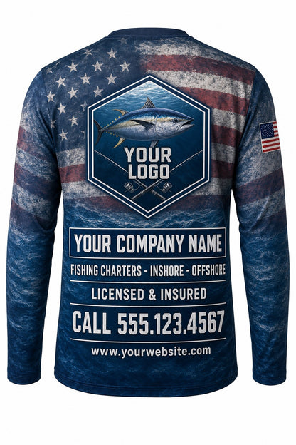 Tuna Flag Custom Fishing Team Uniform - back view, custom company logo all-over-print uniform