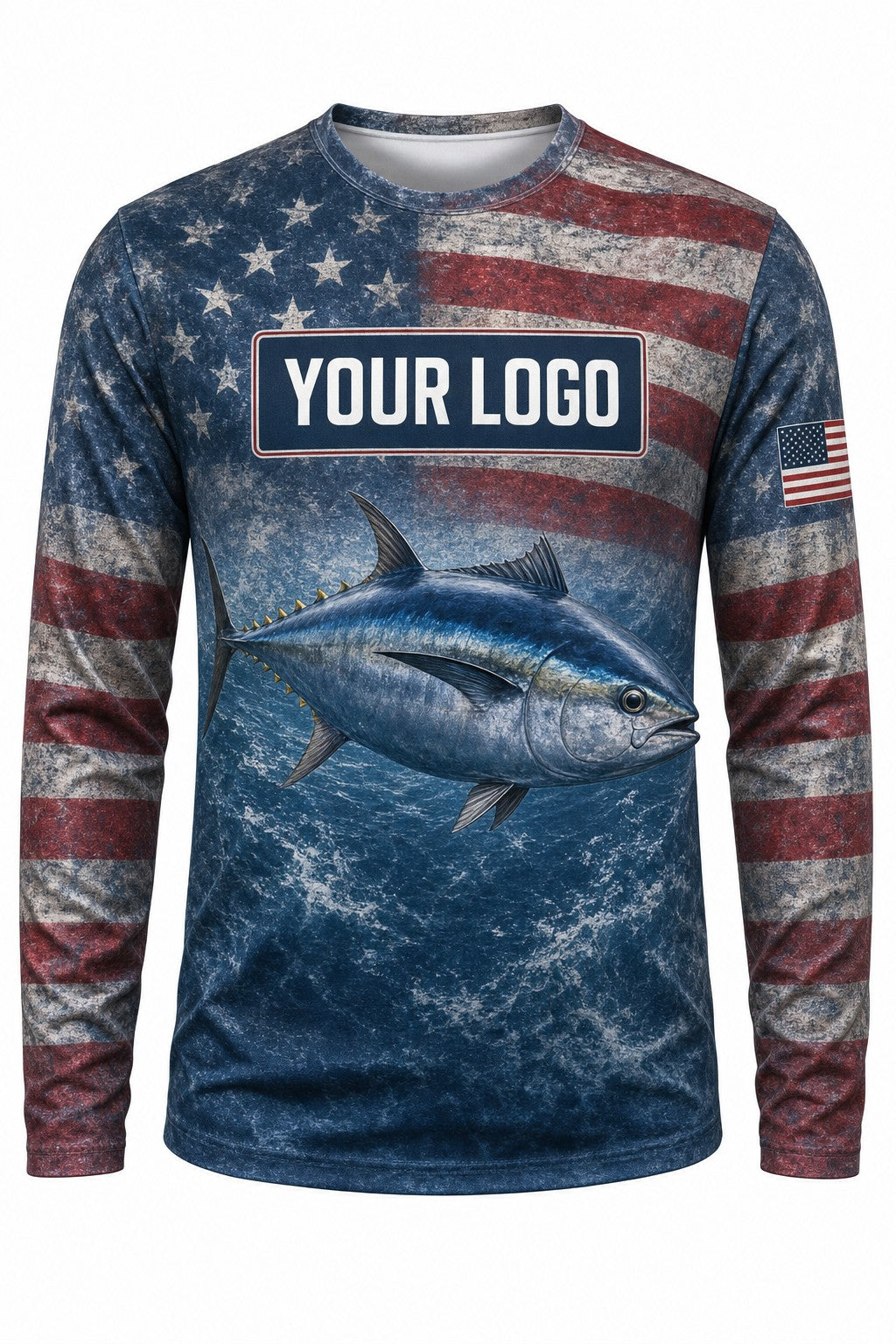 Tuna Flag Custom Fishing Team Uniform - front view, custom company logo all-over-print uniform