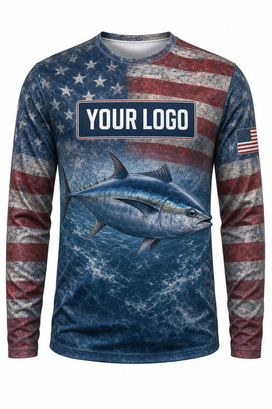 Tuna Flag Custom Fishing Team Uniform - front view, custom company logo all-over-print uniform
