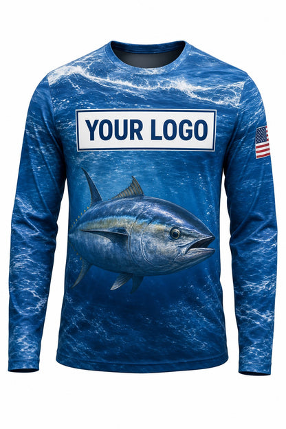 Bluefin Tuna Custom Fishing Team Uniform - front view, custom company logo all-over-print uniform