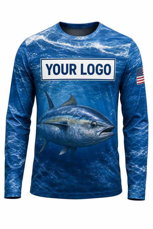 Bluefin Tuna Custom Fishing Team Uniform - front view, custom company logo all-over-print uniform
