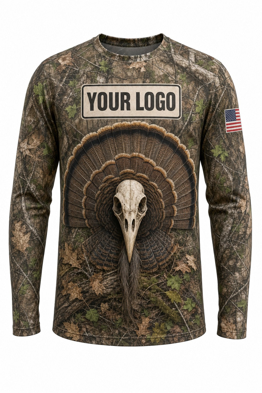 Turkey Fan Skull Custom Hunting Team Uniform - front view, custom company logo all-over-print uniform