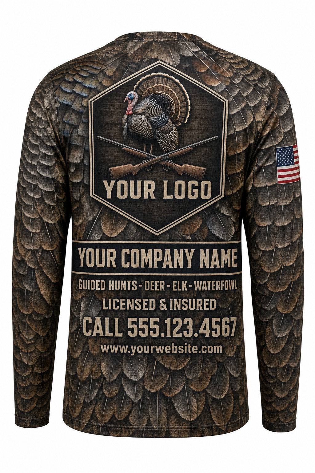 Turkey Feather Wrap Custom Hunting Team Uniform - back view, custom company logo all-over-print uniform