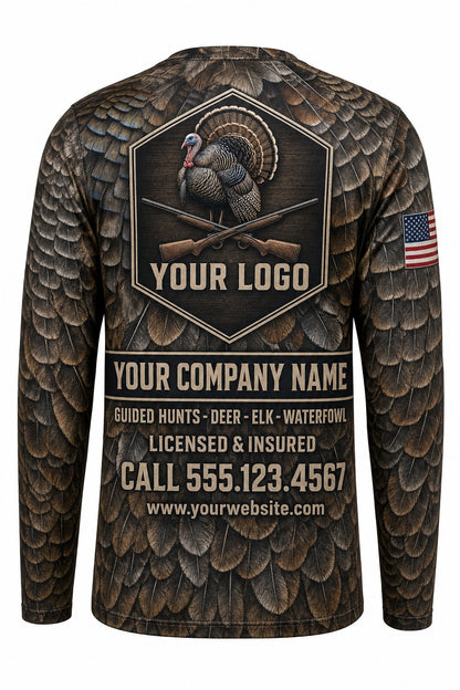 Turkey Feather Wrap Custom Hunting Team Uniform - back view, custom company logo all-over-print uniform