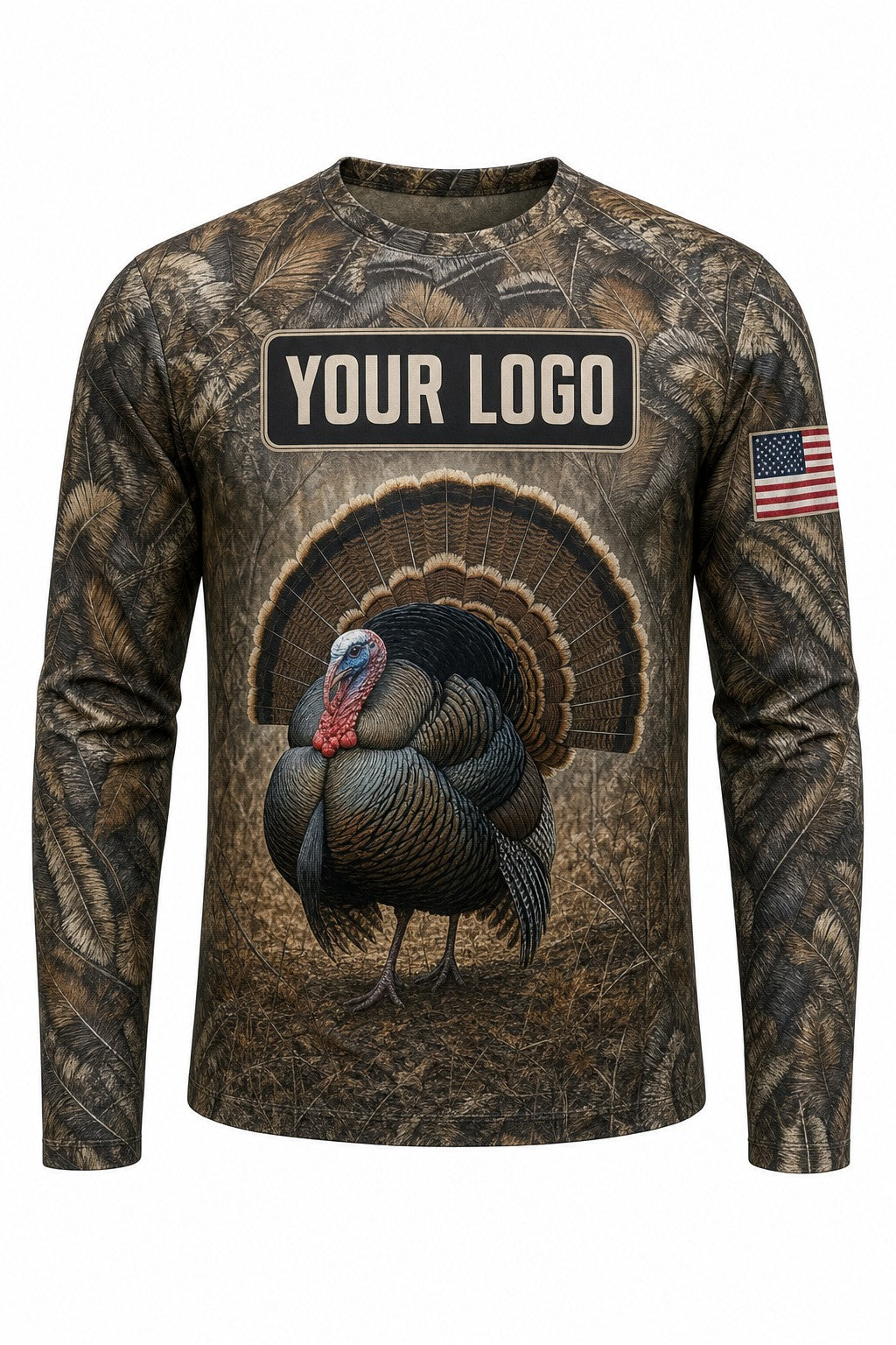 Turkey Feather Wrap Custom Hunting Team Uniform - front view, custom company logo all-over-print uniform