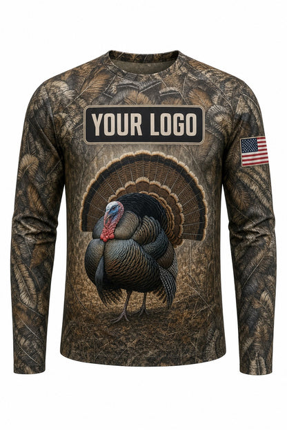 Turkey Feather Wrap Custom Hunting Team Uniform - front view, custom company logo all-over-print uniform