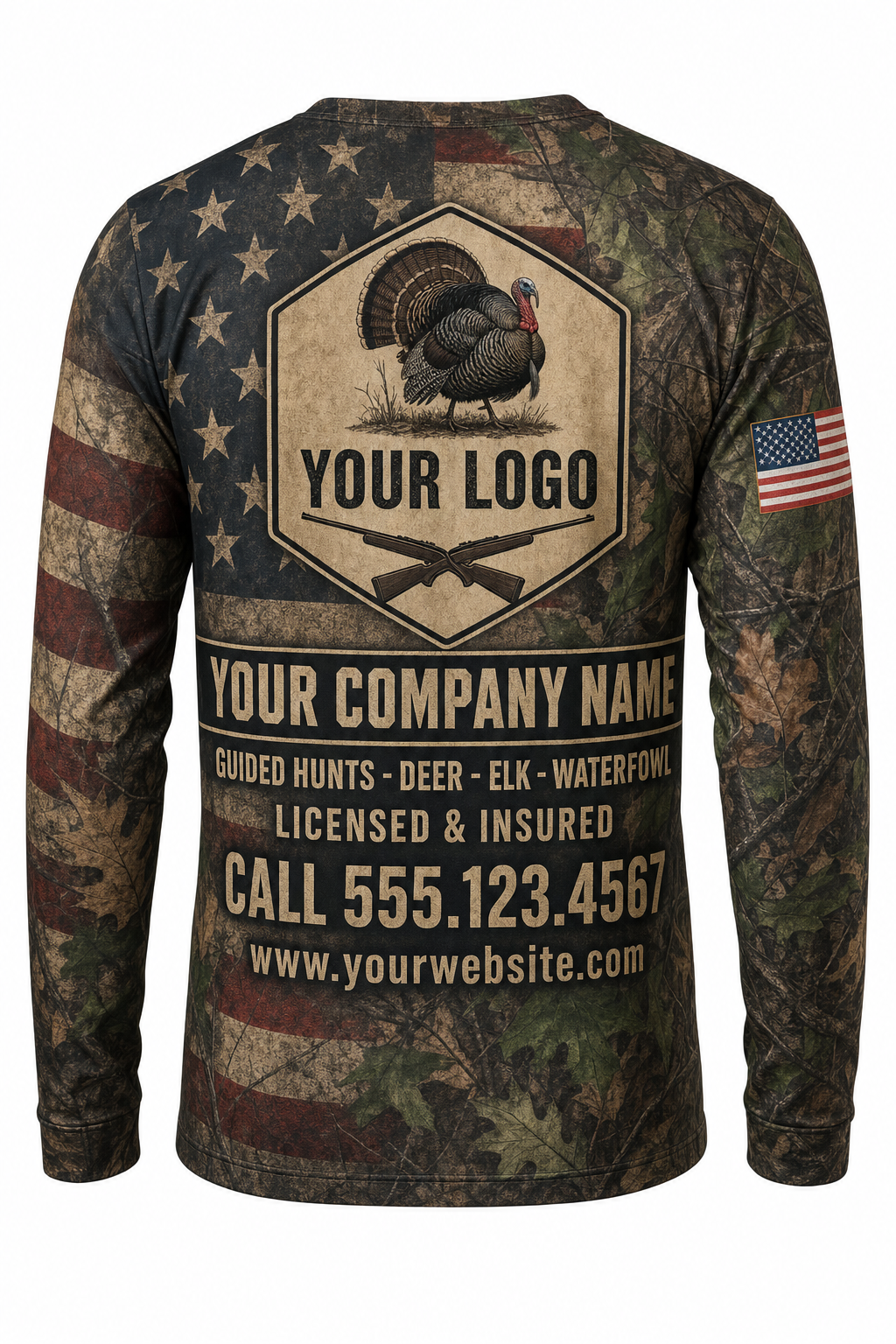 Turkey American Flag Custom Hunting Team Uniform - back view, custom company logo all-over-print uniform