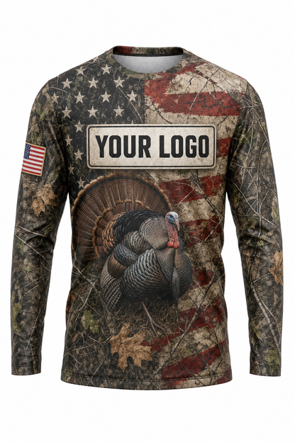 Turkey American Flag Custom Hunting Team Uniform - front view, custom company logo all-over-print uniform