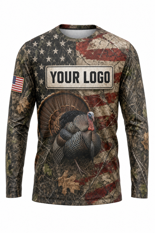Turkey American Flag Custom Hunting Team Uniform - front view, custom company logo all-over-print uniform