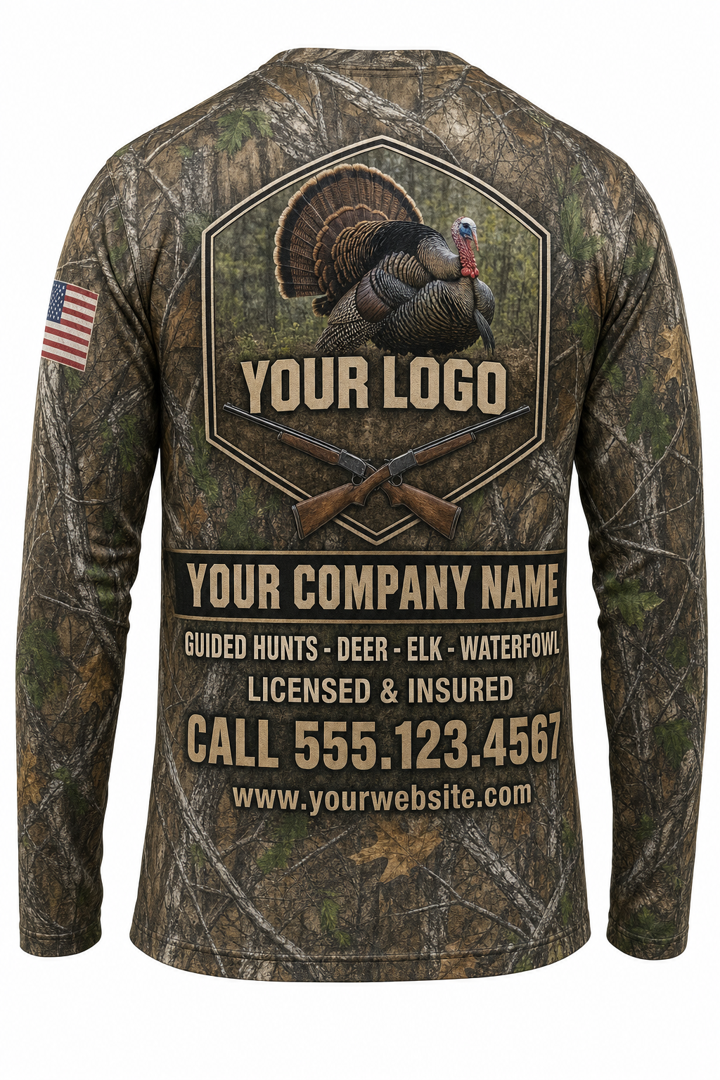 Strutting Tom Turkey Custom Hunting Team Uniform - back view, custom company logo all-over-print uniform