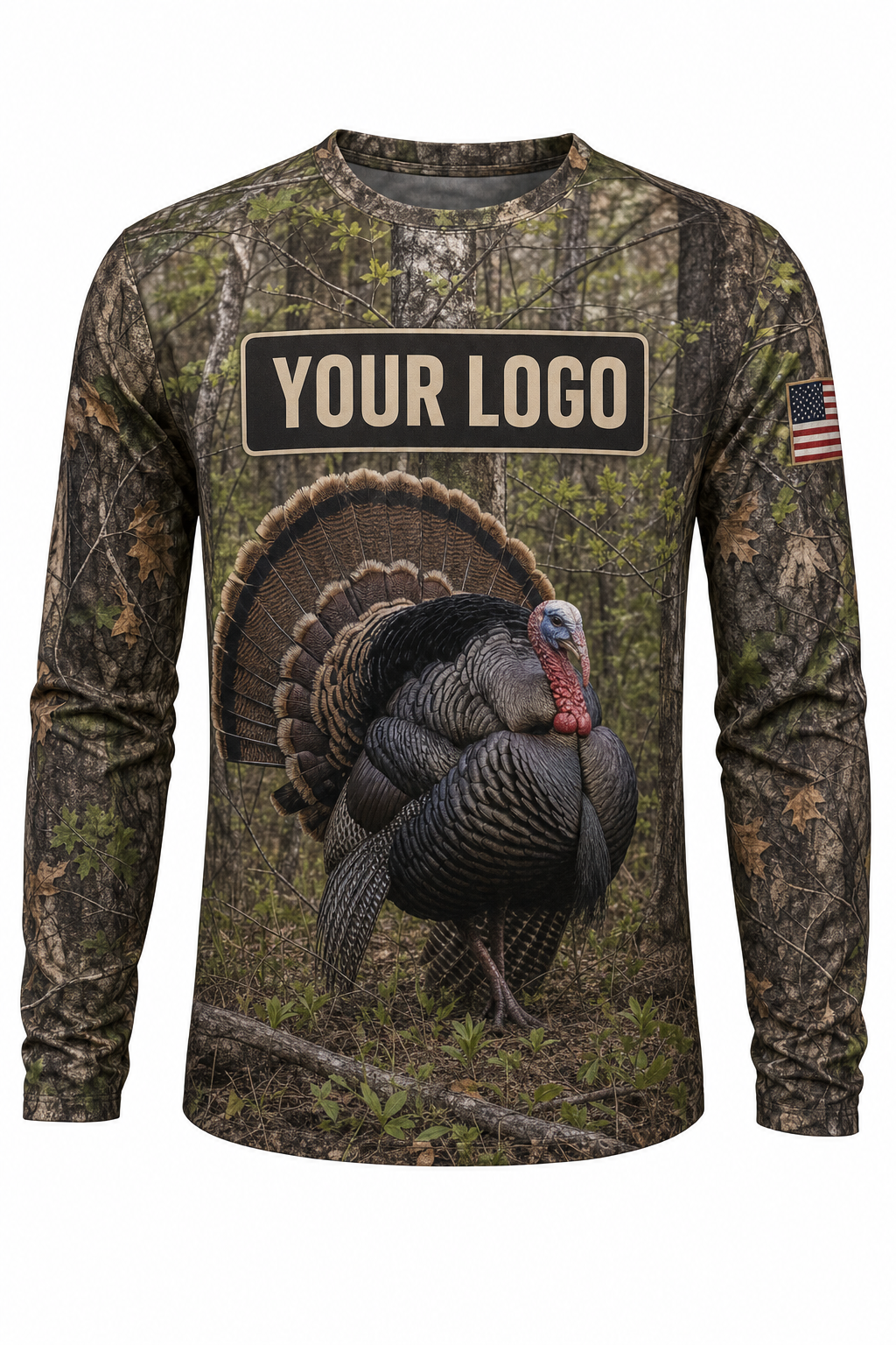 Strutting Tom Turkey Custom Hunting Team Uniform - front view, custom company logo all-over-print uniform