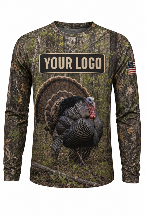 Strutting Tom Turkey Custom Hunting Team Uniform - front view, custom company logo all-over-print uniform