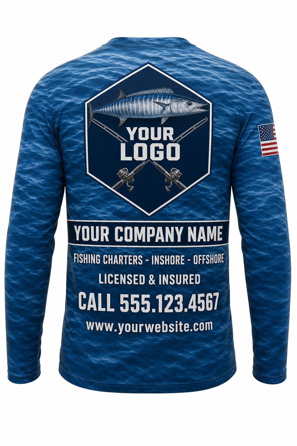 Wahoo Custom Fishing Team Uniform - back view, custom company logo all-over-print uniform