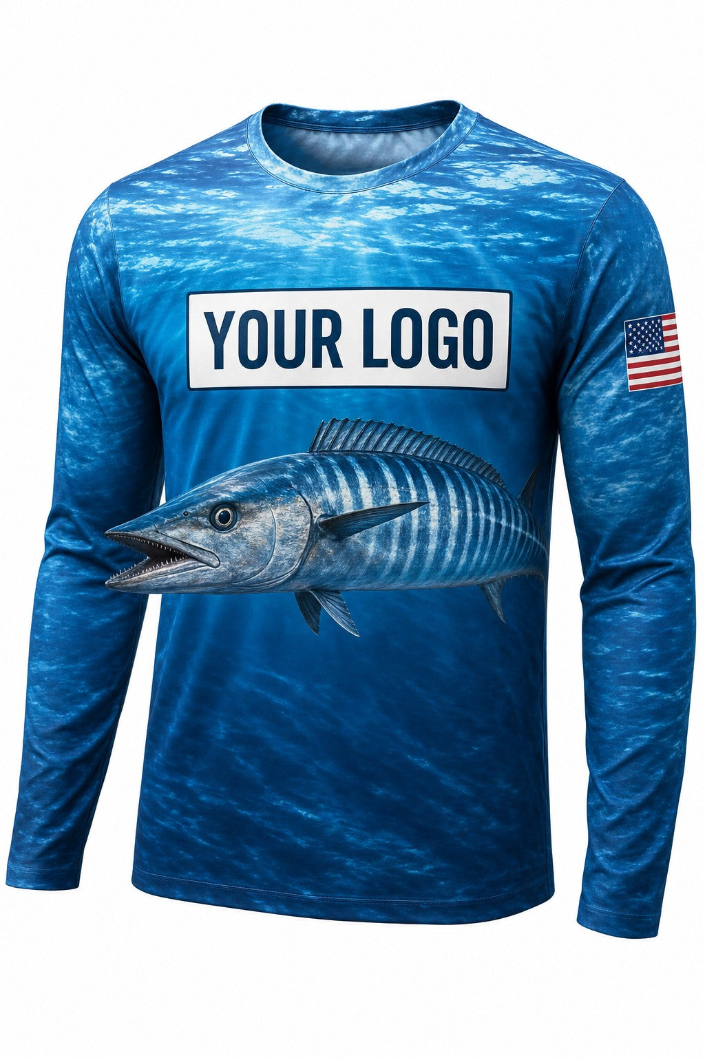 Wahoo Custom Fishing Team Uniform - front view, custom company logo all-over-print uniform