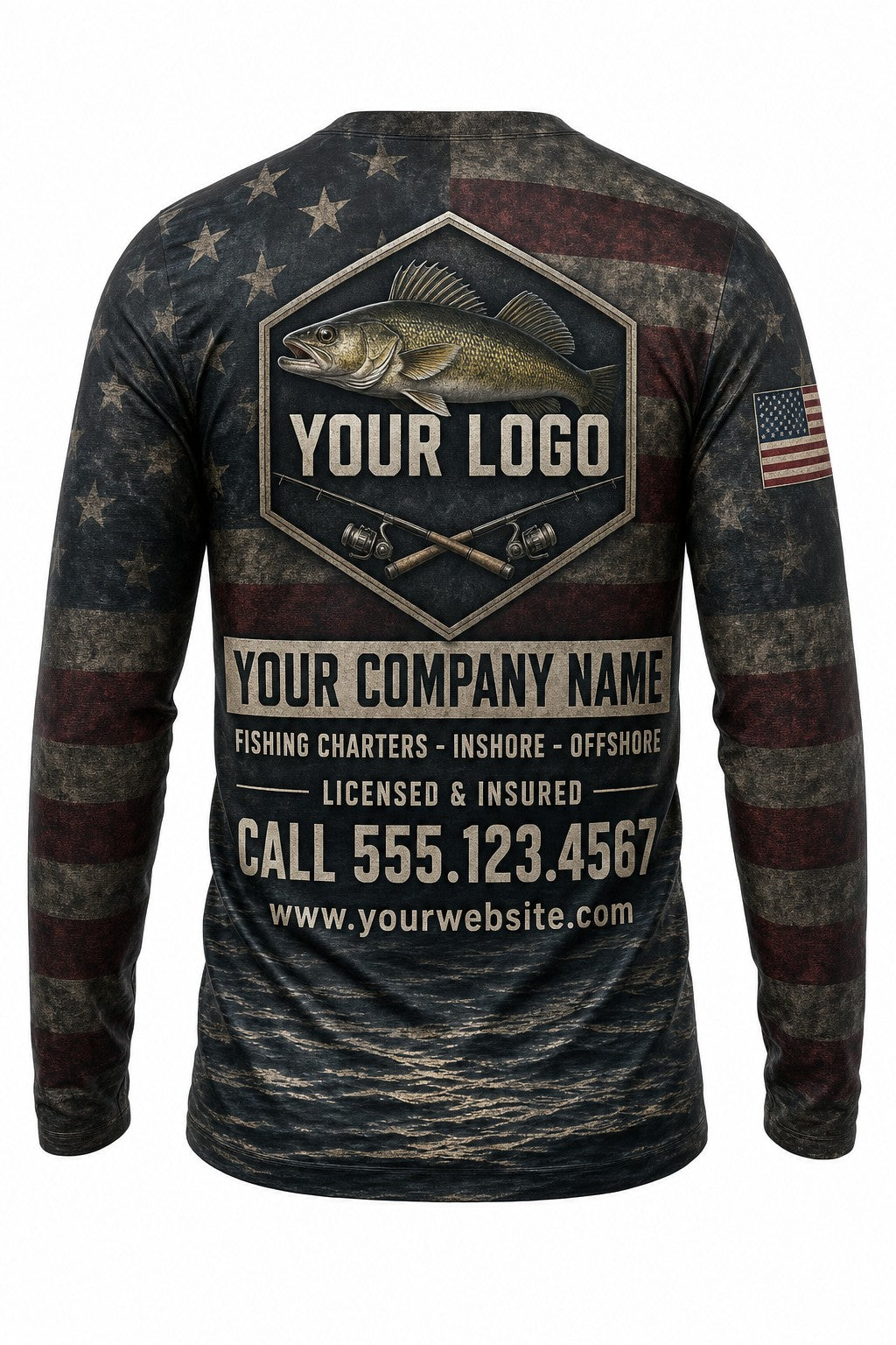 Walleye Flag Custom Fishing Team Uniform - back view, custom company logo all-over-print uniform