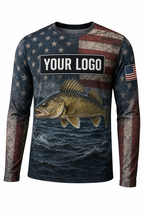 Walleye Flag Custom Fishing Team Uniform - front view, custom company logo all-over-print uniform