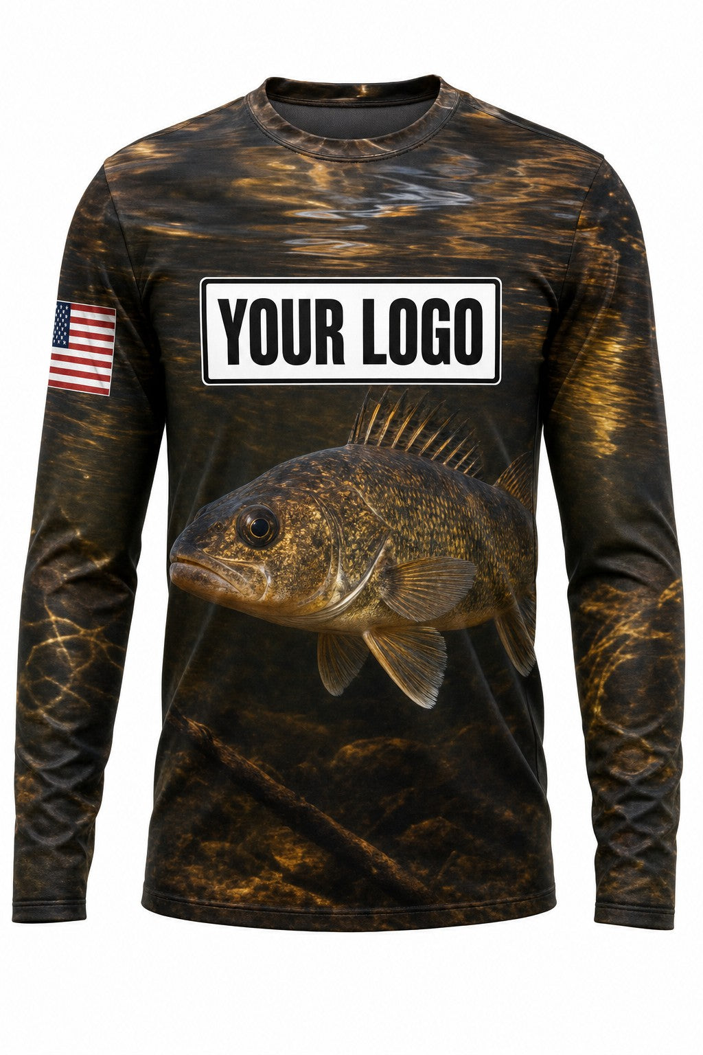 Walleye Custom Fishing Team Uniform - front view, custom company logo all-over-print uniform