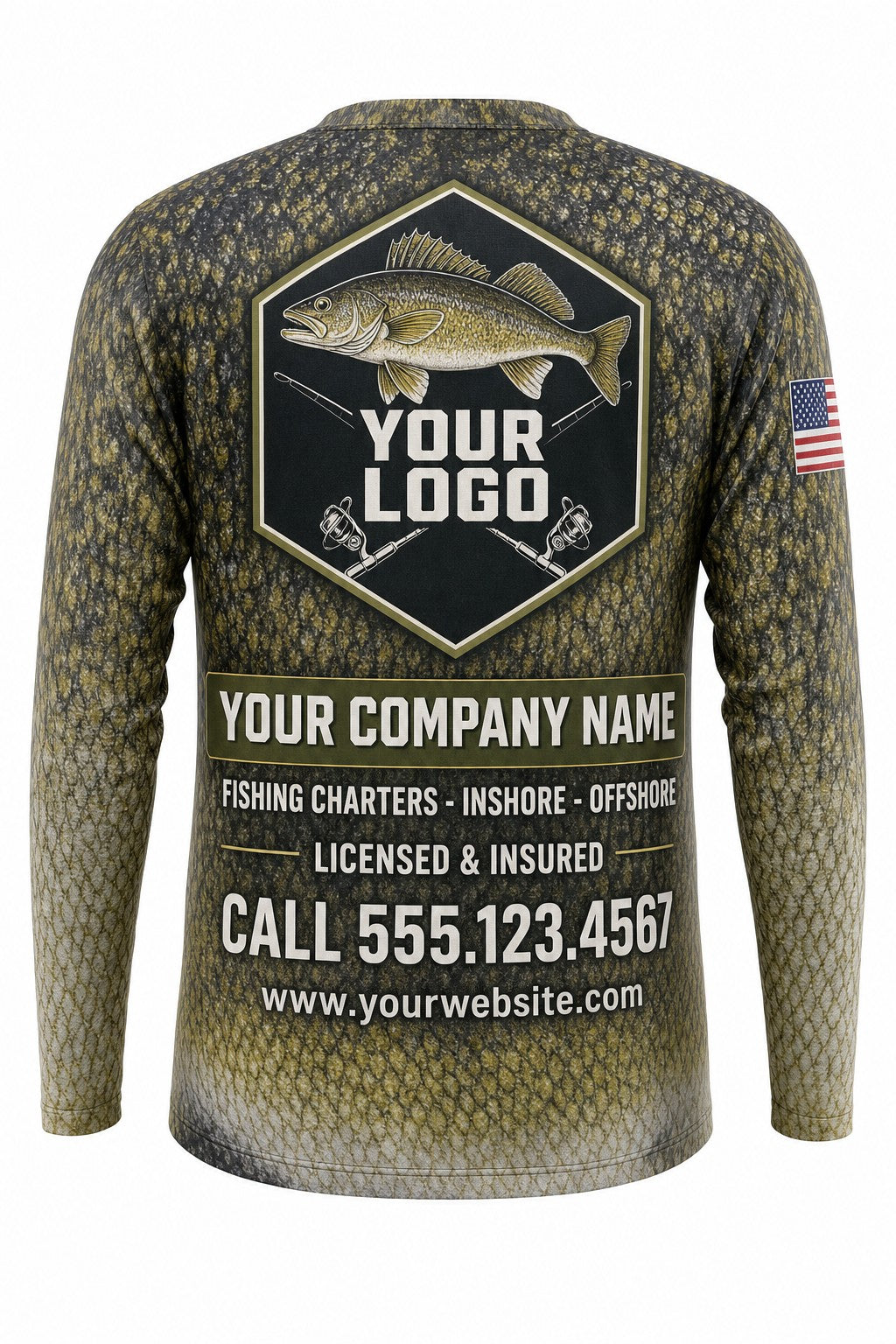 Walleye Scale Wrap Custom Fishing Team Uniform - back view, custom company logo all-over-print uniform