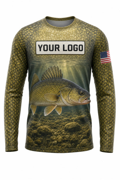 Walleye Scale Wrap Custom Fishing Team Uniform - front view, custom company logo all-over-print uniform
