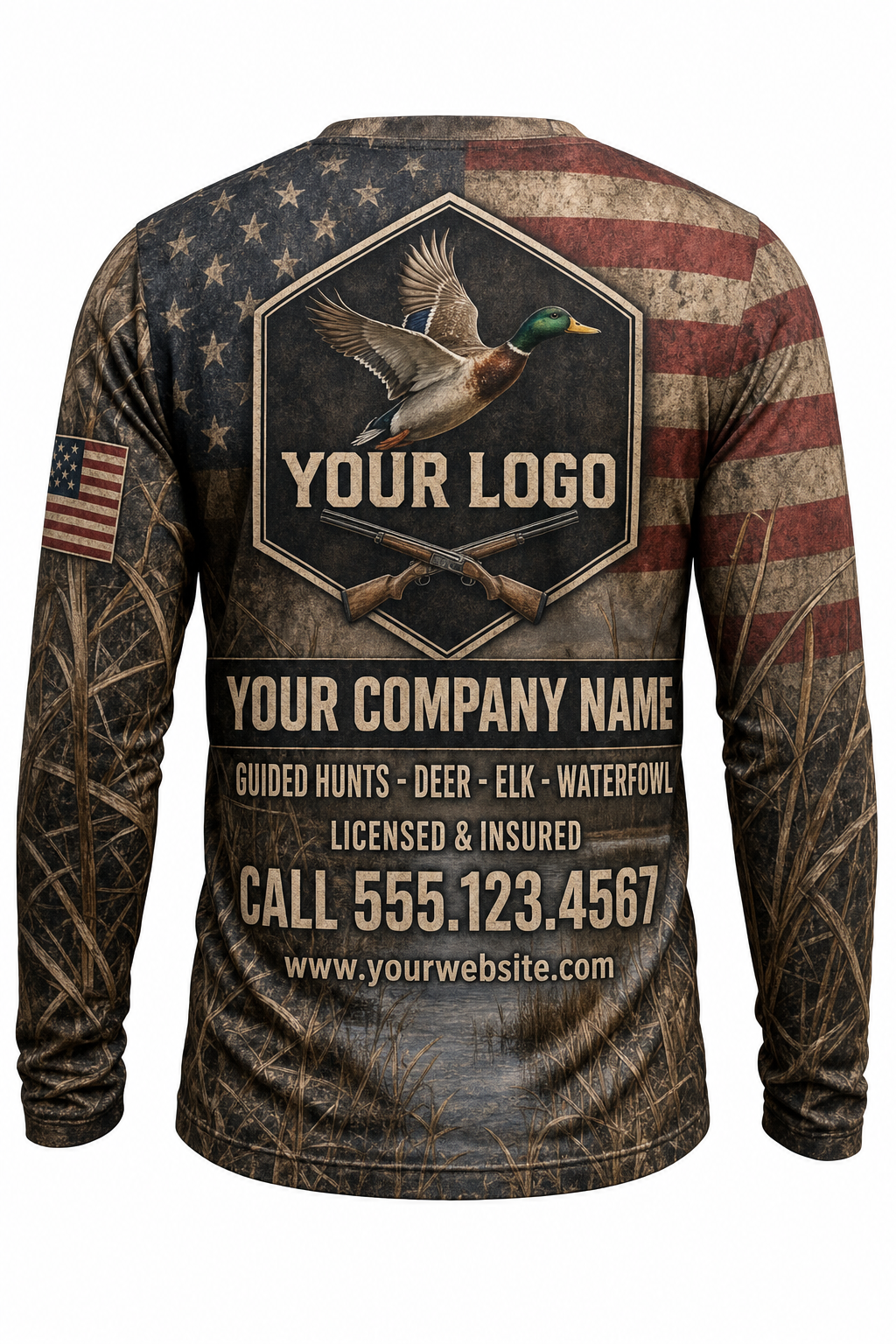 Waterfowl American Flag Custom Hunting Team Uniform - back view, custom company logo all-over-print uniform