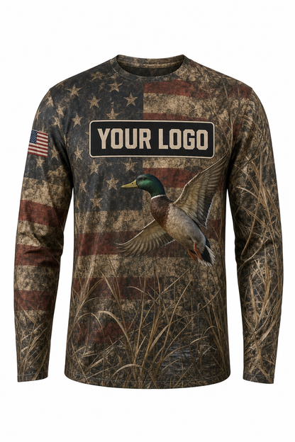 Waterfowl American Flag Custom Hunting Team Uniform - front view, custom company logo all-over-print uniform