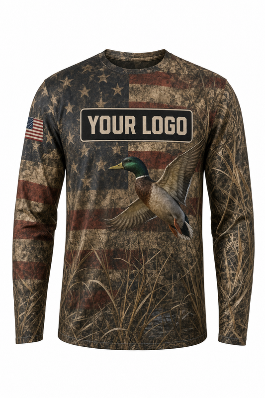 Waterfowl American Flag Custom Hunting Team Uniform - front view, custom company logo all-over-print uniform
