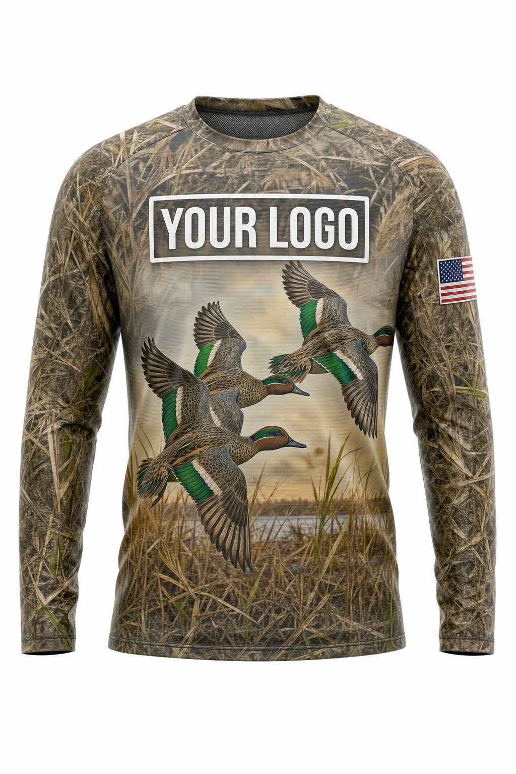 Waterfowl Greenwing Teal Hunting Guide Crew Uniform - custom company logo all-over-print uniform