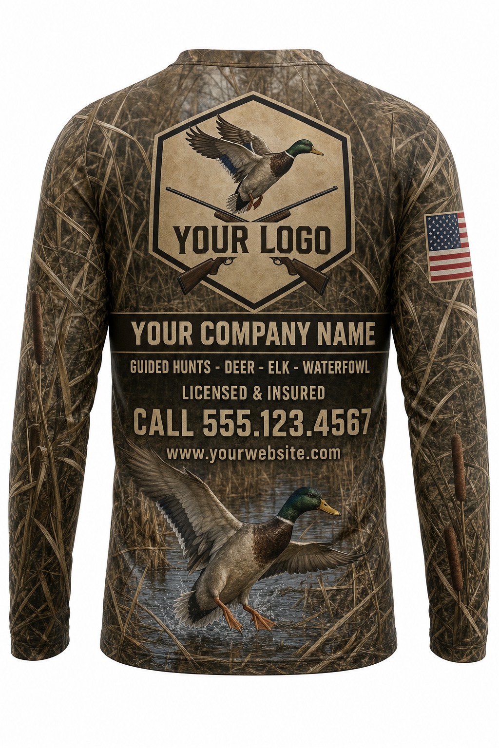 Waterfowl Marsh Mallard Custom Hunting Team Uniform - back view, custom company logo all-over-print uniform