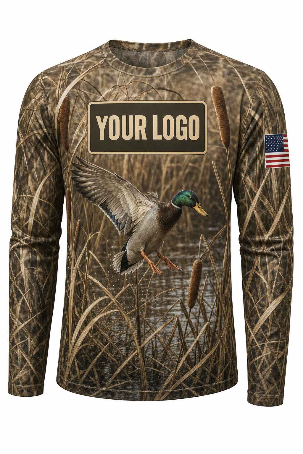 Waterfowl Marsh Mallard Custom Hunting Team Uniform - front view, custom company logo all-over-print uniform
