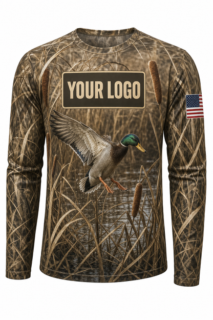 Waterfowl Marsh Mallard Custom Hunting Team Uniform - front view, custom company logo all-over-print uniform